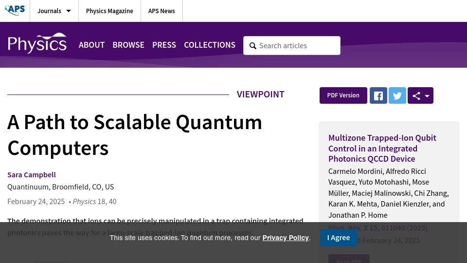 Screenshot of physics.aps.org: A Path to Scalable Quantum Computers