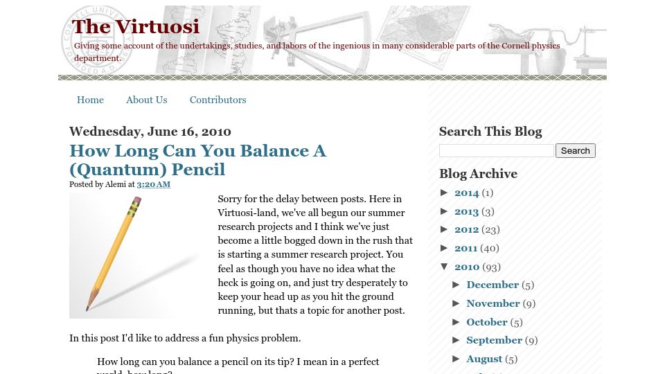 Screenshot of thevirtuosi.blogspot.com: How long can you balance a pencil?