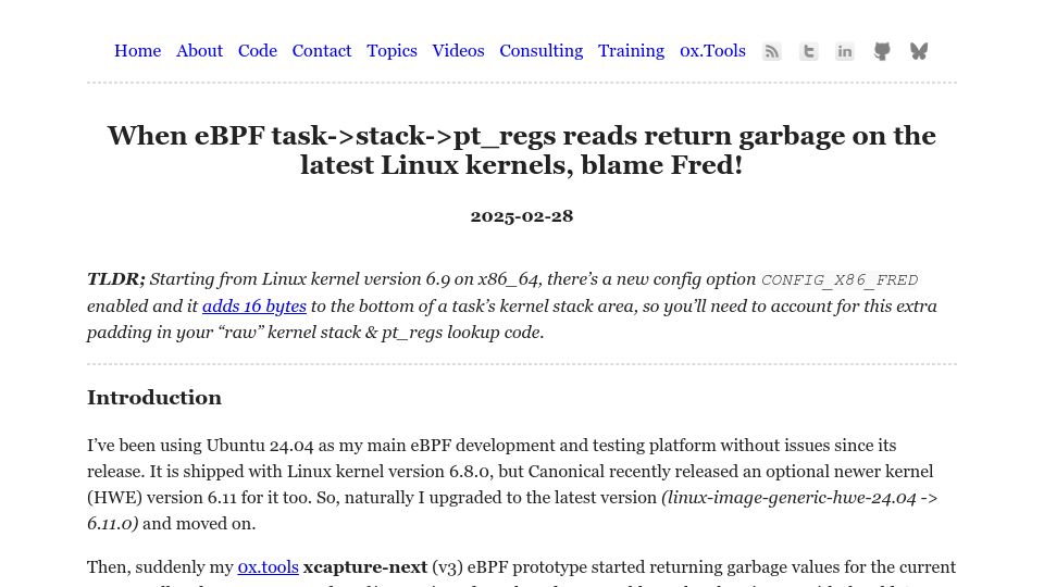 Screenshot of tanelpoder.com: When eBPF pt_regs reads return garbage on the latest Linux kernels, blame Fred
