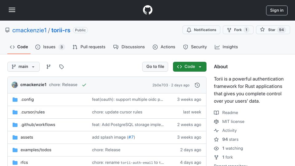 Screenshot of github.com: Show HN: Torii – a framework agnostic authentication library for Rust