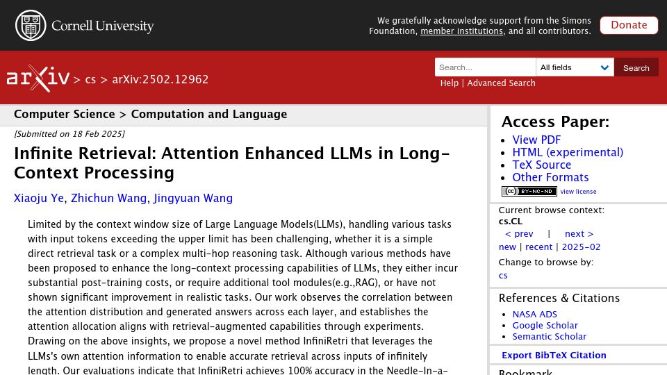Screenshot of arxiv.org: Infinite Retrieval: Attention enhanced LLMs in long-context processing