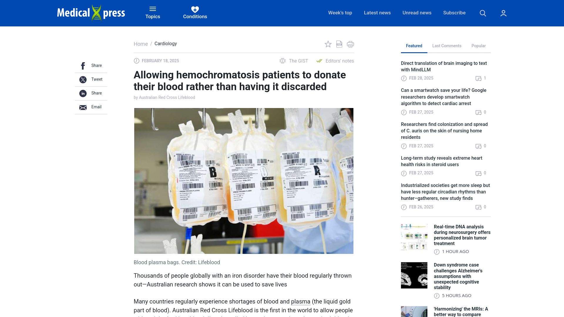 Screenshot of medicalxpress.com: Hemochromatosis patients can donate their blood rather than having it discarded