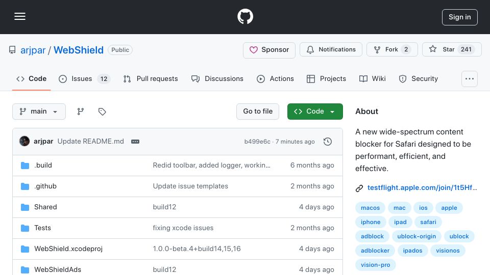 Screenshot of github.com: WebShield – A new wide-spectrum content blocker for Safari