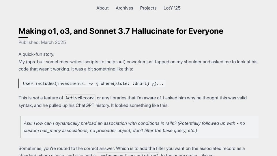 Screenshot of bengarcia.dev: Making o1, o3, and Sonnet 3.7 hallucinate for everyone