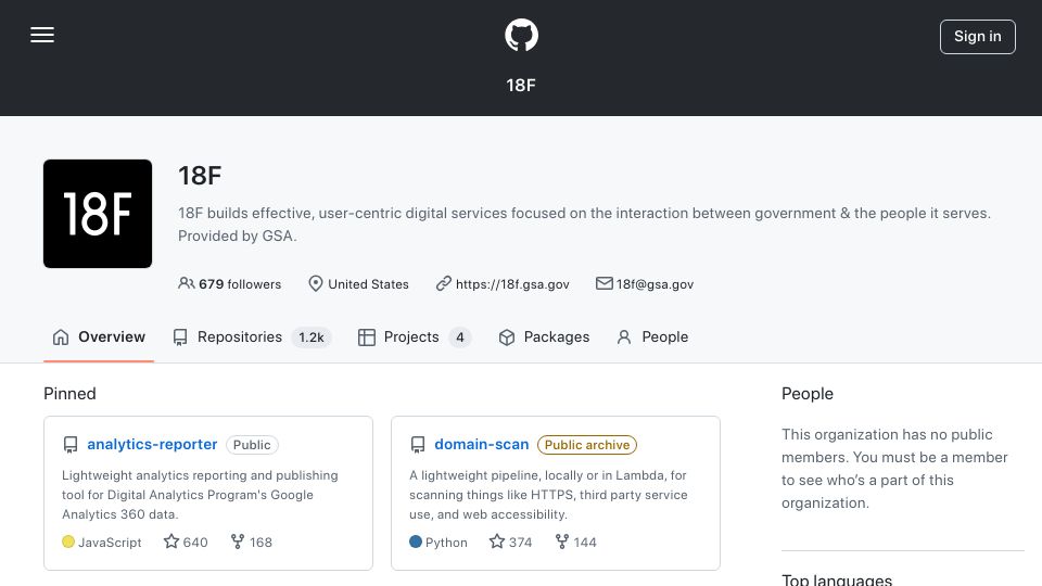 Screenshot of github.com: 18F GitHub Repositories