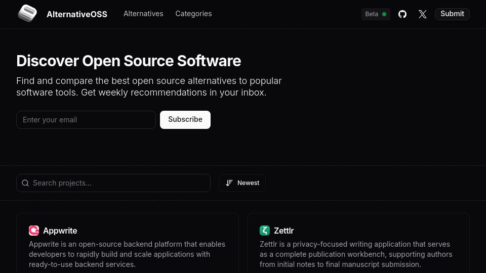 Screenshot of alternativeoss.com: Show HN: Open-source alternatives to tools you pay for