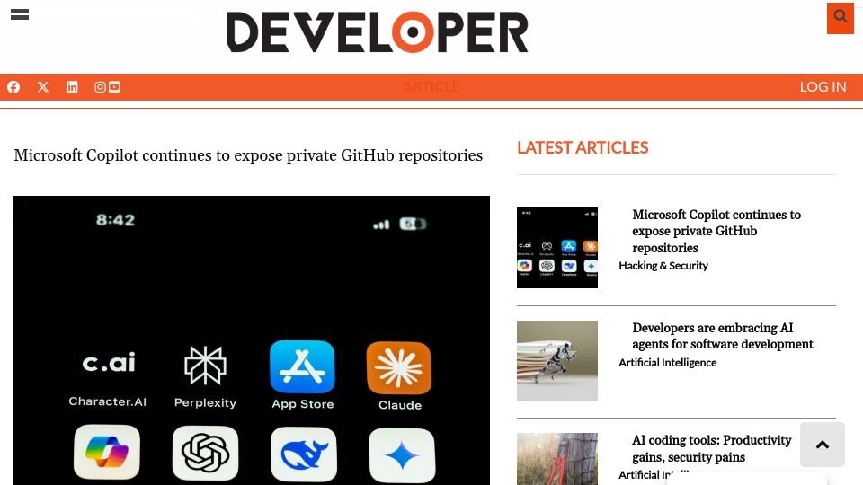 Screenshot of developer-tech.com: Microsoft Copilot continues to expose private GitHub repositories