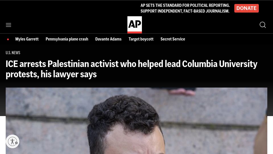 Screenshot of apnews.com: ICE arrests Palestinian activist who helped lead Columbia University protests