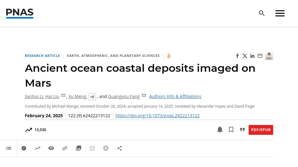 Screenshot of pnas.org: Ancient ocean coastal deposits imaged on Mars
