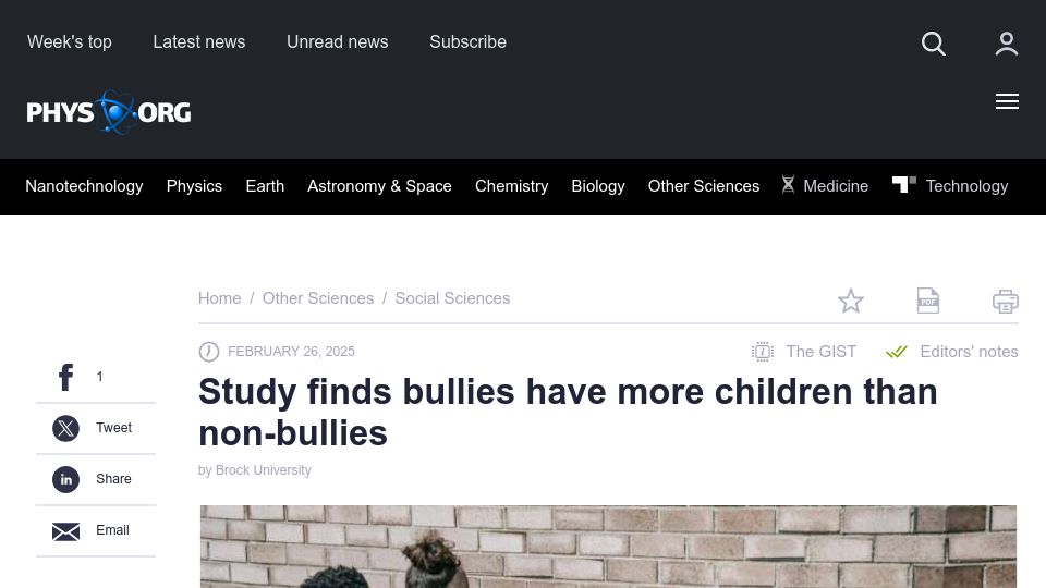 Screenshot of phys.org: Study finds bullies have more children than non-bullies