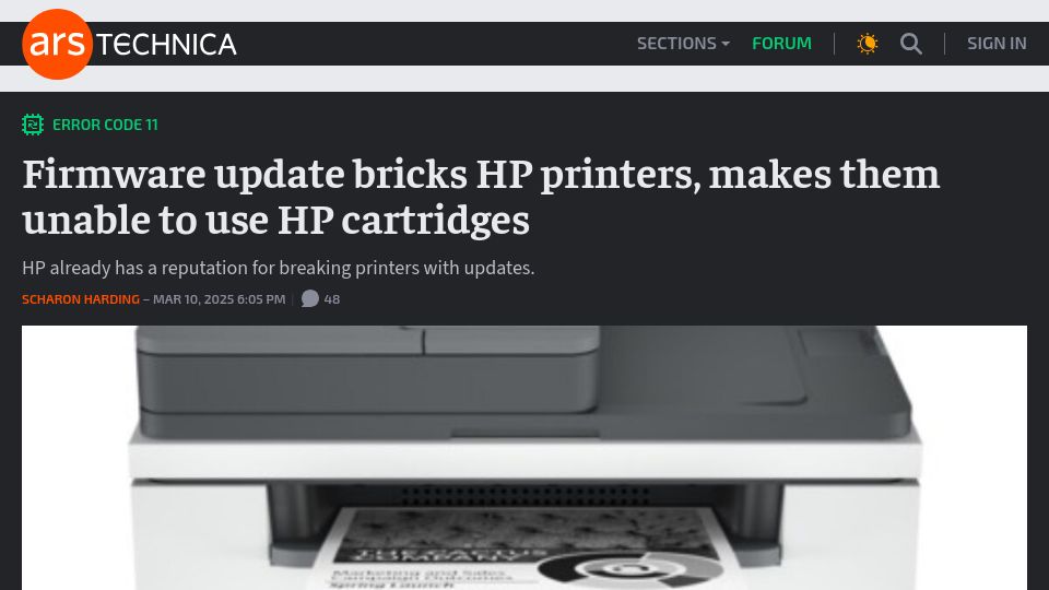 Screenshot of arstechnica.com: Firmware update bricks HP printers, makes them unable to use HP cartridges