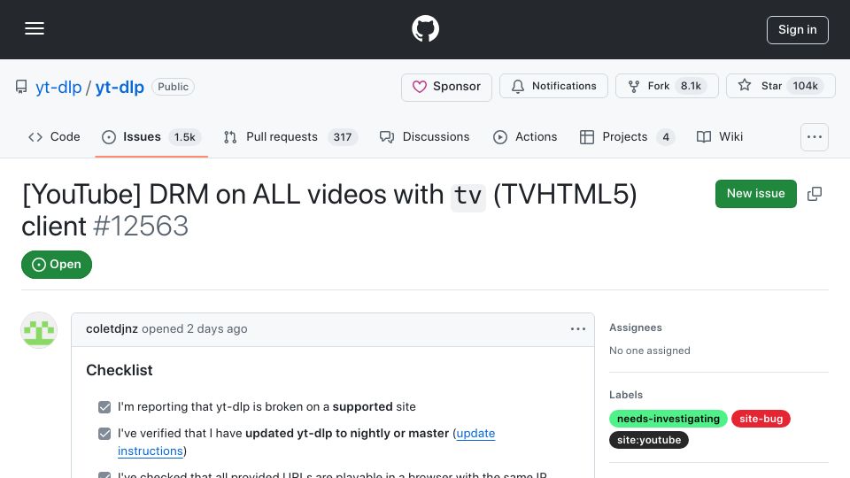 Screenshot of github.com: YouTube DRM added on ALL videos with TV (TVHTML5) clients