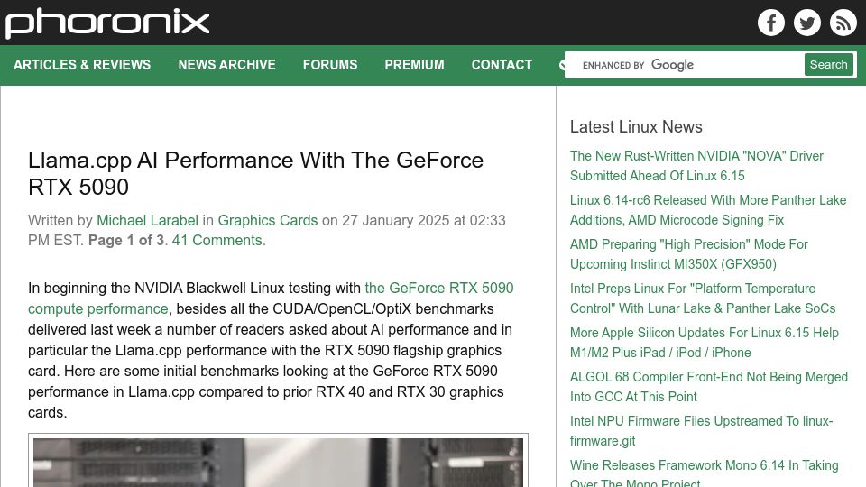 Screenshot of phoronix.com: Llama.cpp AI Performance with the GeForce RTX 5090 Review