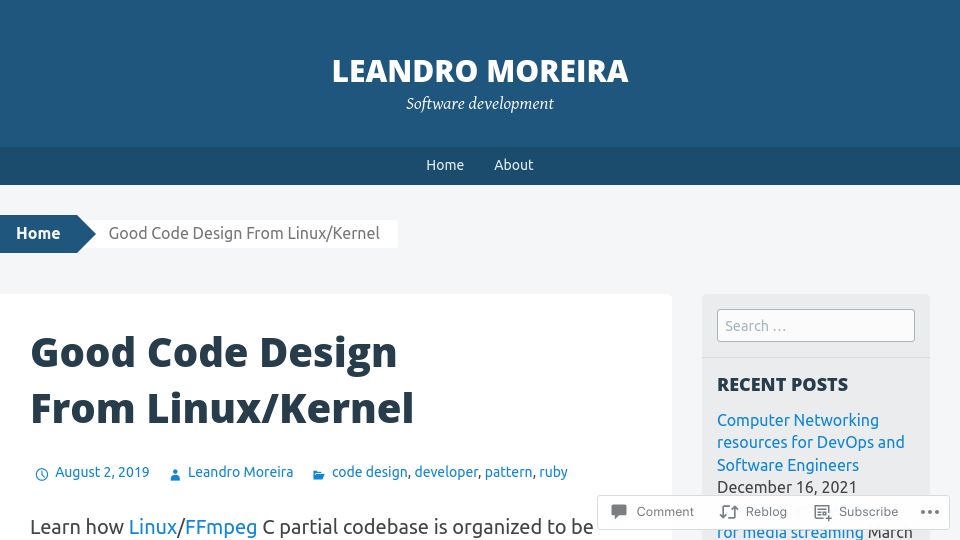 Screenshot of leandromoreira.com: Exploring Polymorphism in C: Lessons from Linux and FFmpeg's Code Design (2019)