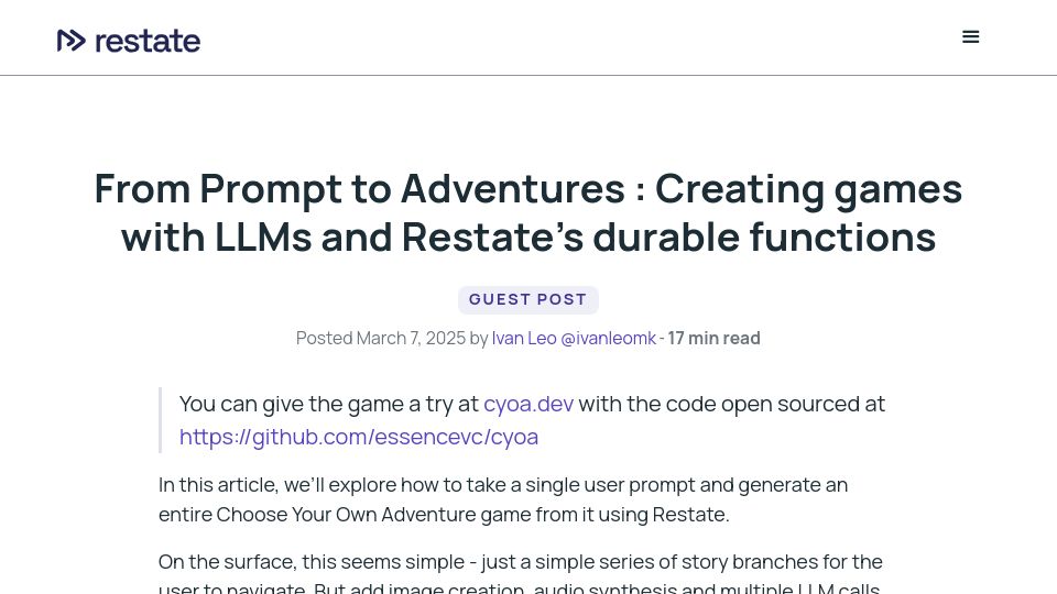 Screenshot of restate.dev: From Prompt to Adventures:Creating Games with LLMs and Restate Durable Functions