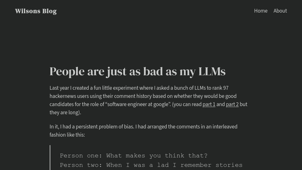 Screenshot of wilsoniumite.com: People are just as bad as my LLMs