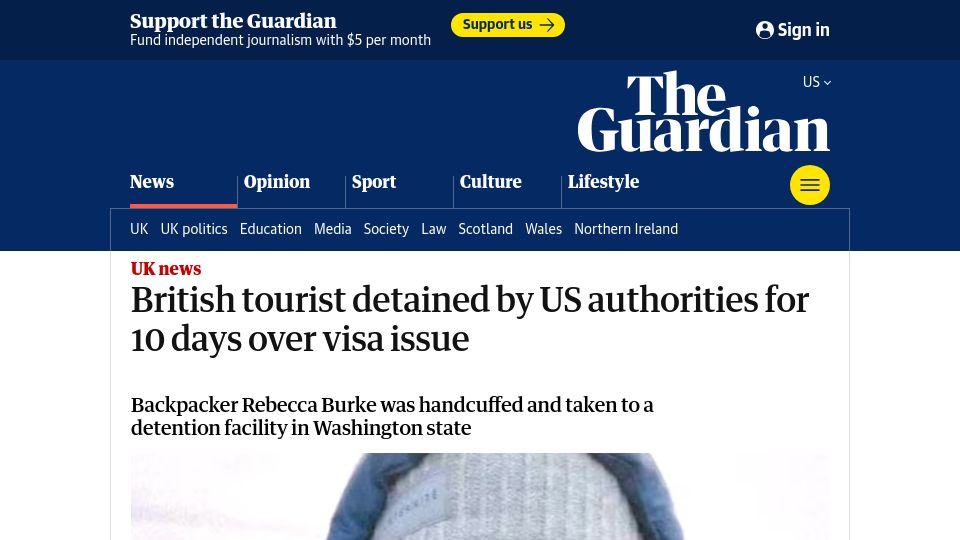 Screenshot of theguardian.com: British tourist detained by US authorities for 10 days over visa issue