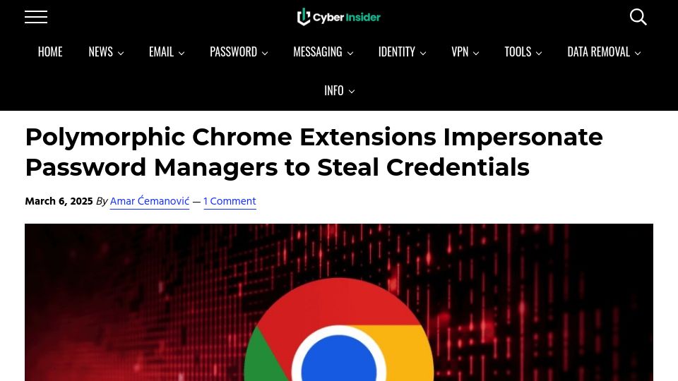 Screenshot of cyberinsider.com: Polymorphic Chrome Extensions Impersonate Password Managers to Steal Credentials