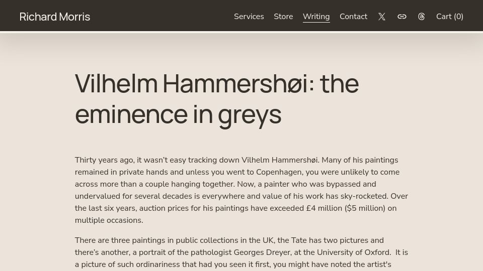 Screenshot of richardmorris.org: Vilhelm Hammershøi: the eminence in greys