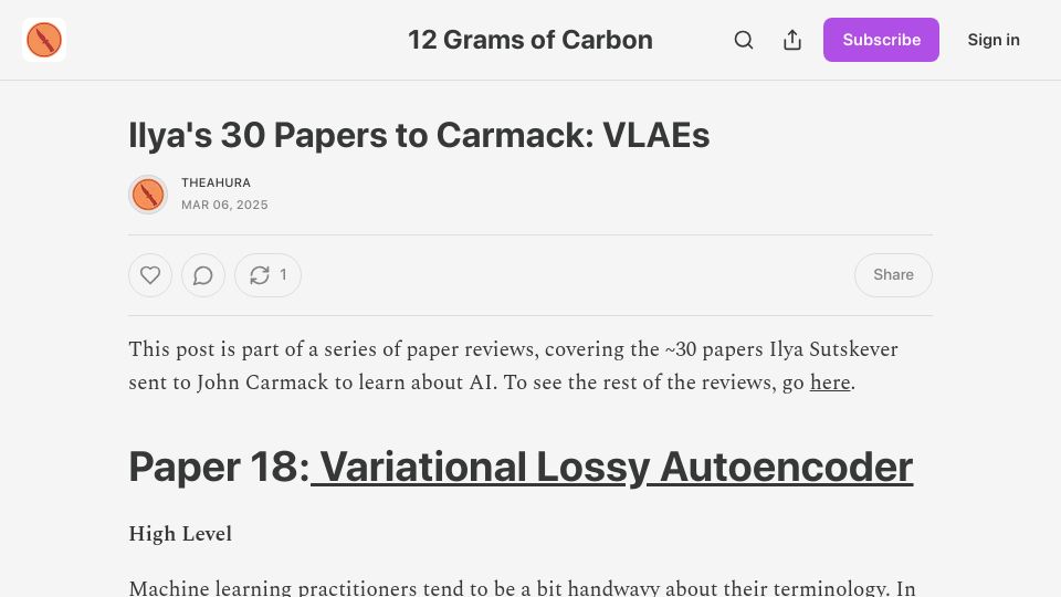 Screenshot of theahura.substack.com: Paper Review: Variational Lossy Auto-Encoders