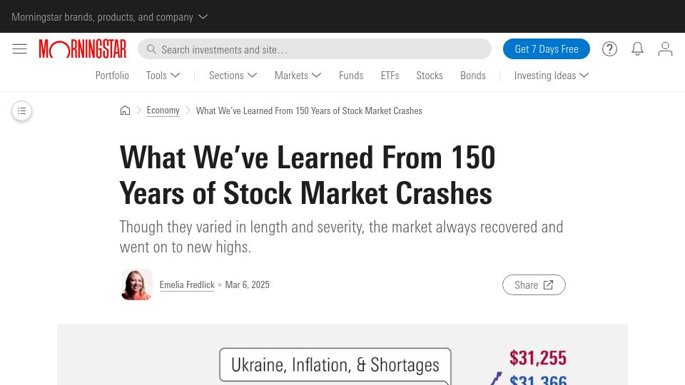 Screenshot of morningstar.com: What We've Learned from 150 Years of Stock Market Crashes