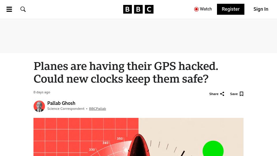 Screenshot of bbc.com: Planes are having their GPS hacked. Could new clocks keep them safe?