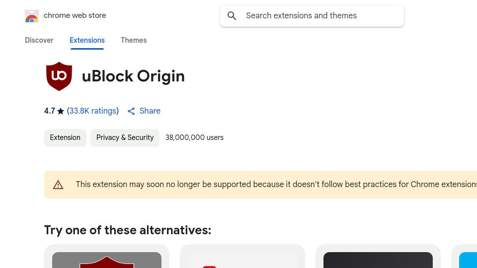 Screenshot of chromewebstore.google.com: uBlock Origin is no longer available on the Chrome Store