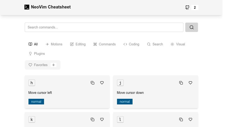 Screenshot of nvim-cheatsheet.vercel.app: Show HN: Searchable Vim Cheat Sheet with Favorites (Open-Source)