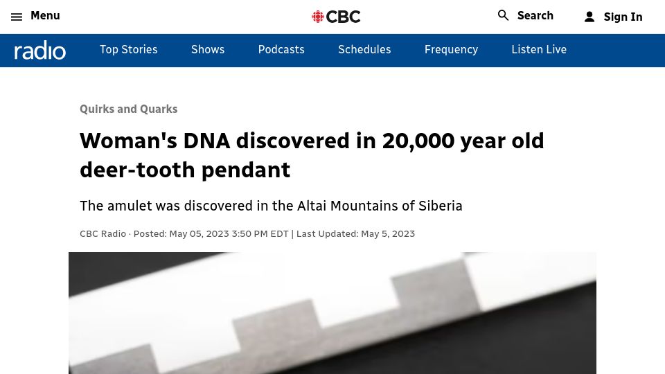 Screenshot of cbc.ca: Woman's DNA discovered in 20k year old deer-tooth pendant (2023)
