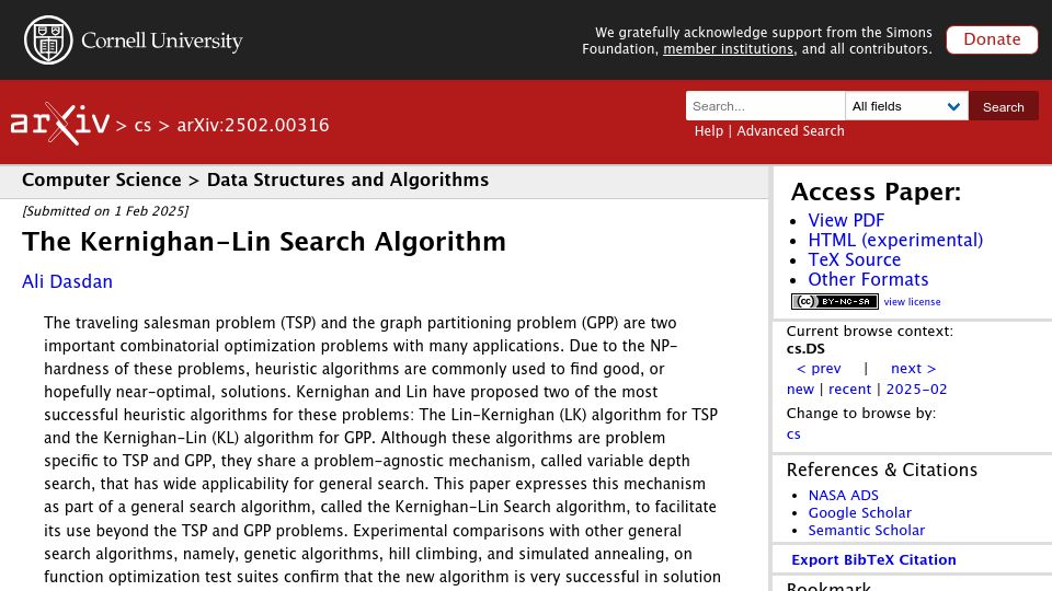 Screenshot of arxiv.org: The Kernighan-Lin Search Algorithm