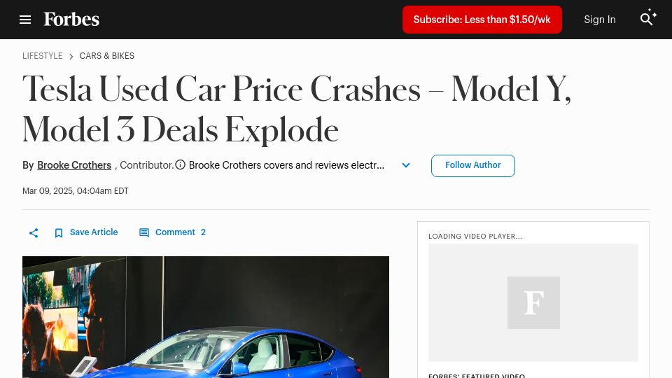 Screenshot of forbes.com: Tesla Used Car Price Crashes – Model Y, Model 3 Deals Explode