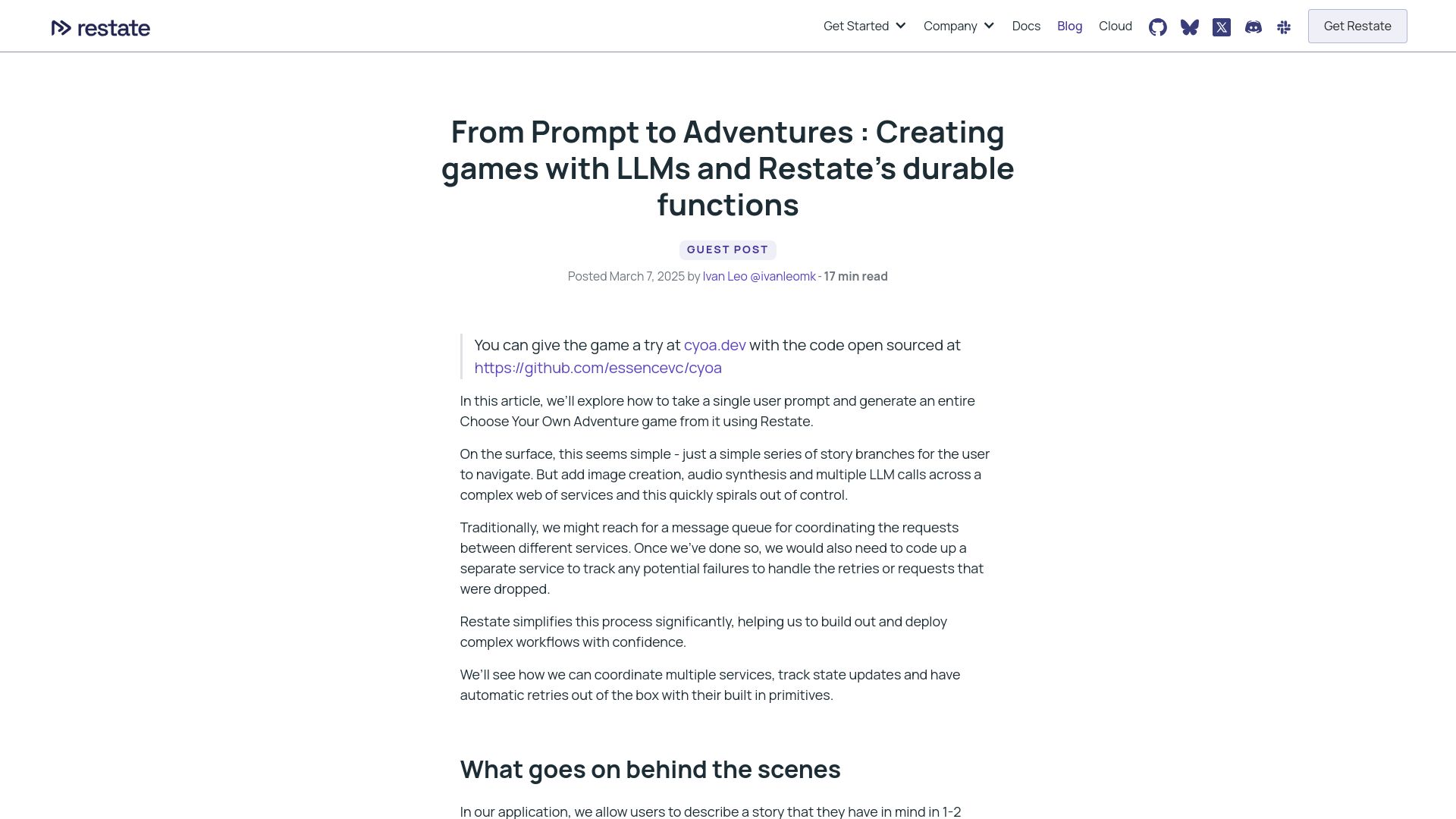 Screenshot of restate.dev: From Prompt to Adventures:Creating Games with LLMs and Restate Durable Functions