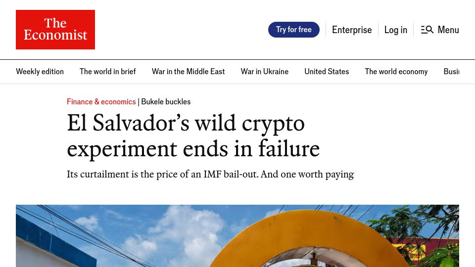 Screenshot of economist.com: El Salvador's crypto experiment ends in failure