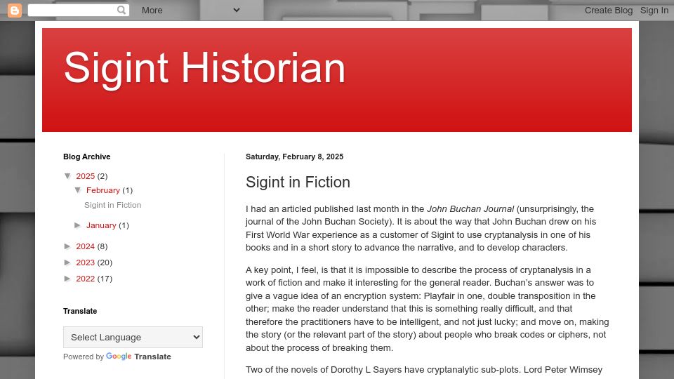 Screenshot of siginthistorian.blogspot.com: Sigint in Fiction