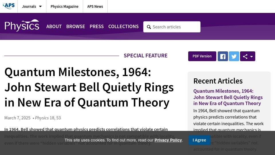 Screenshot of physics.aps.org: Quantum Milestones, 1964: John Stewart Bell Rings in New Era of Quantum Theory (2022)