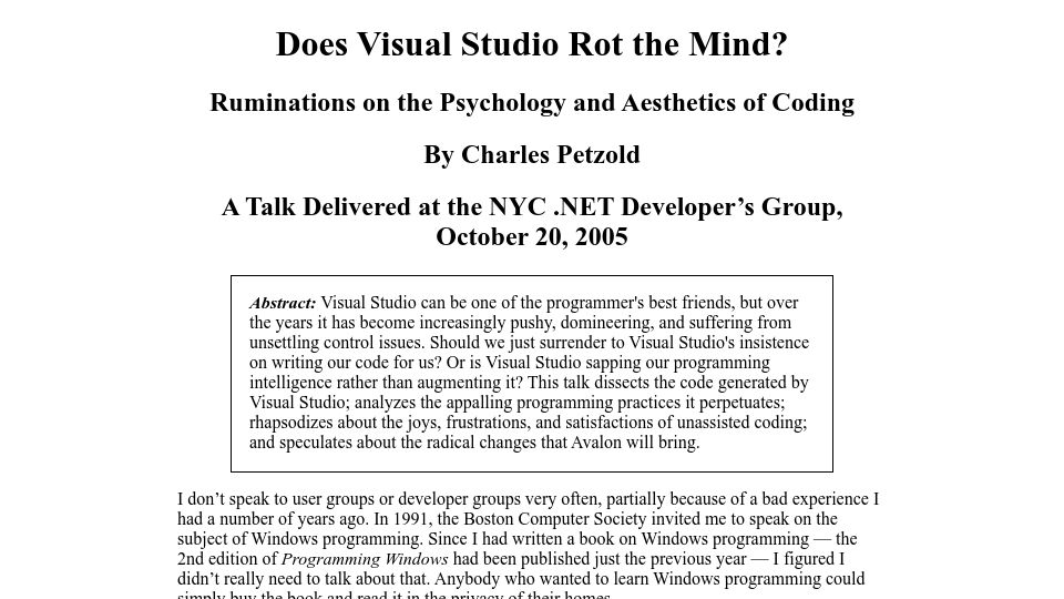 Screenshot of charlespetzold.com: Does Visual Studio rot the mind? (2005)
