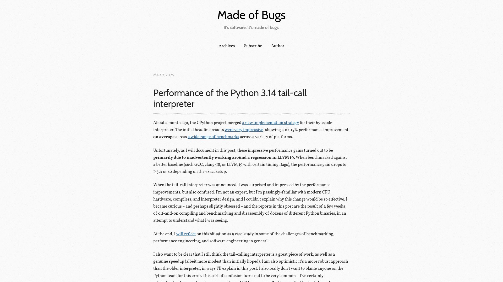 Screenshot of blog.nelhage.com: Performance of the Python 3.14 tail-call interpreter