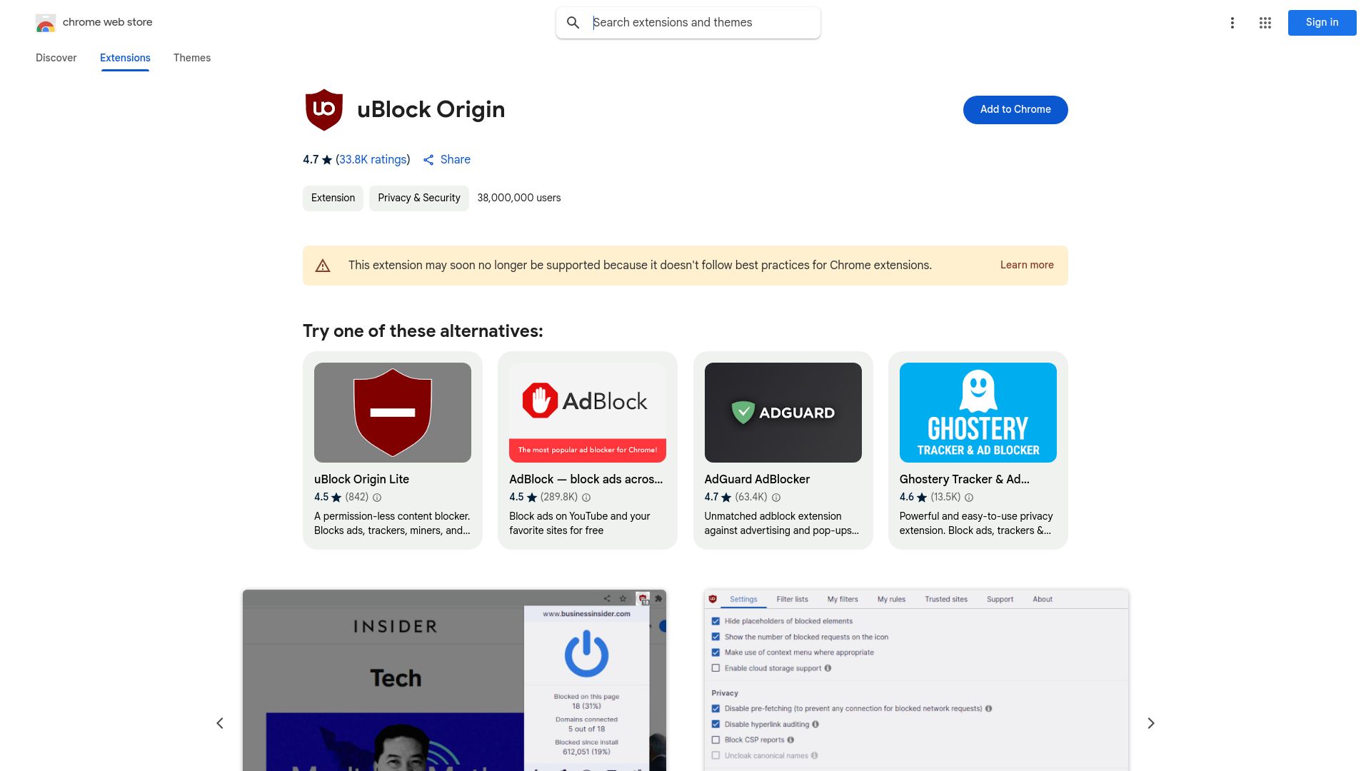 Screenshot of chromewebstore.google.com: uBlock Origin is no longer available on the Chrome Store