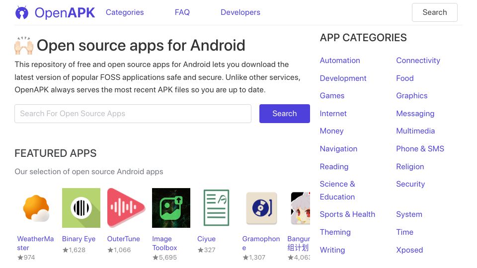 Screenshot of openapk.net: OpenAPK – open-source Apps for Android, updated weekly