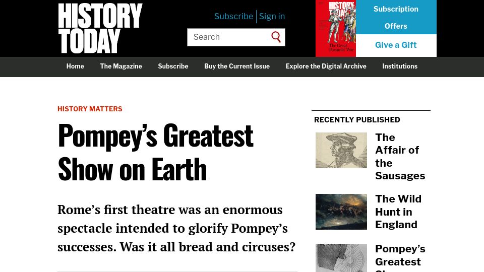 Screenshot of historytoday.com: Pompey's Greatest Show on Earth