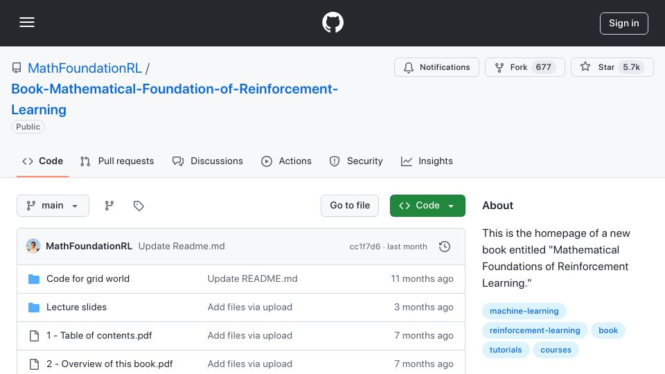Screenshot of github.com: Mathematical Foundations of Reinforcement Learning