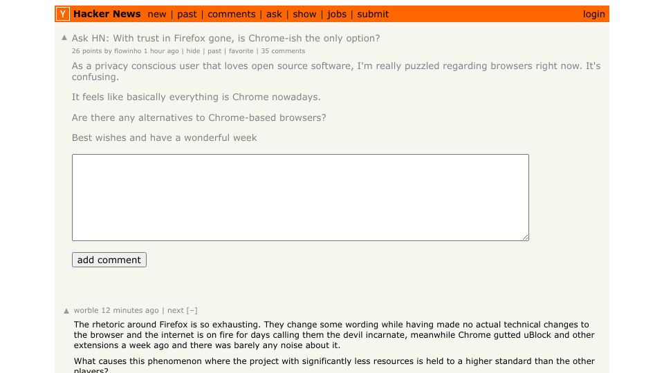 Screenshot of Hacker News post: Ask HN: With trust in Firefox gone, is Chrome-ish the only option?