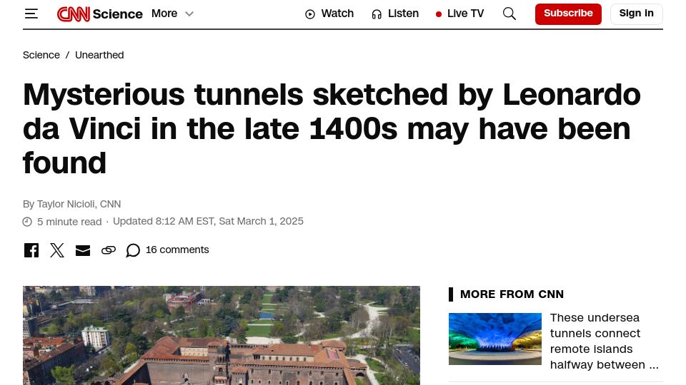 Screenshot of cnn.com: Mysterious tunnels sketched by Leonardo may have been found