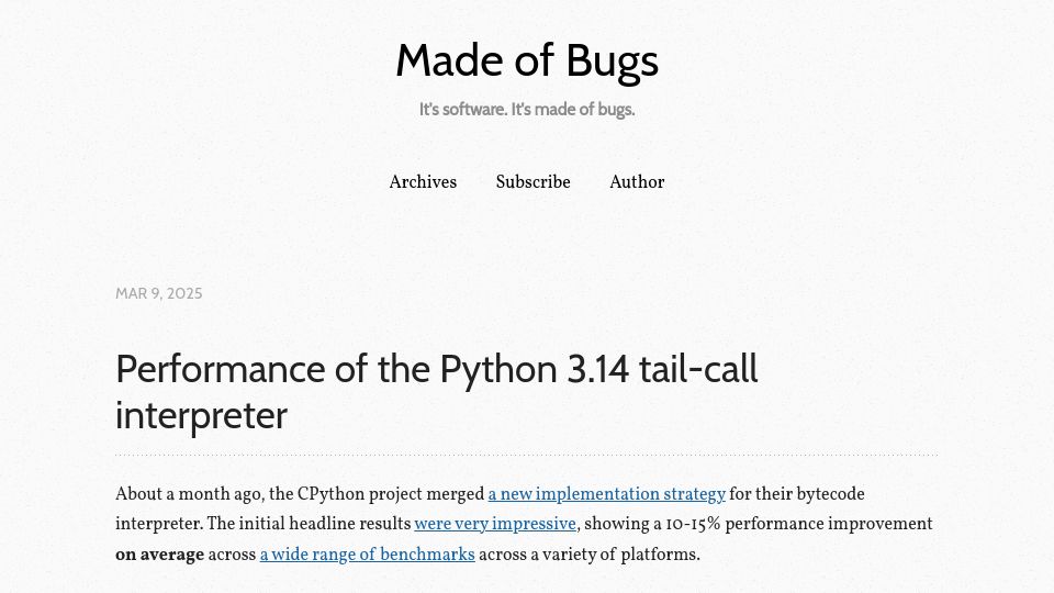 Screenshot of blog.nelhage.com: Performance of the Python 3.14 tail-call interpreter