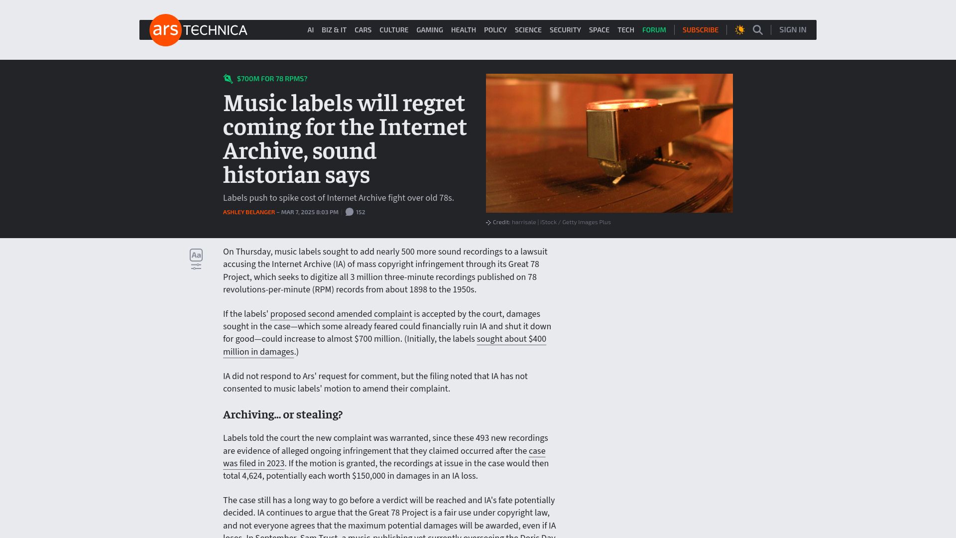 Screenshot of arstechnica.com: Music labels will regret coming for the Internet Archive, sound historian says
