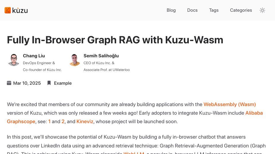 Screenshot of blog.kuzudb.com: Show HN: In-Browser Graph RAG with Kuzu-WASM and WebLLM