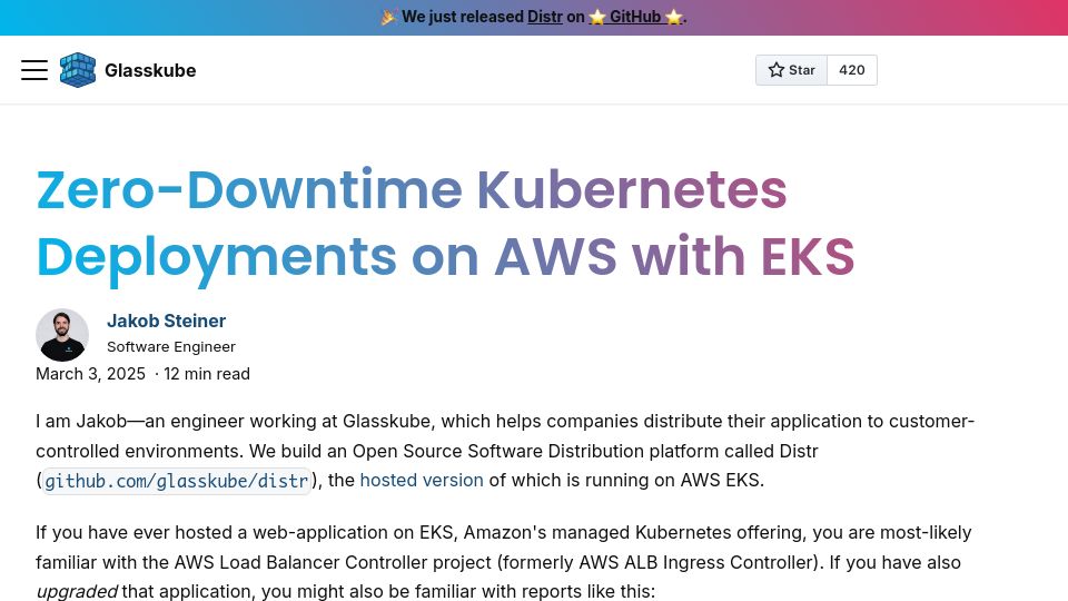 Screenshot of glasskube.dev: Zero-Downtime Kubernetes Deployments on AWS with EKS