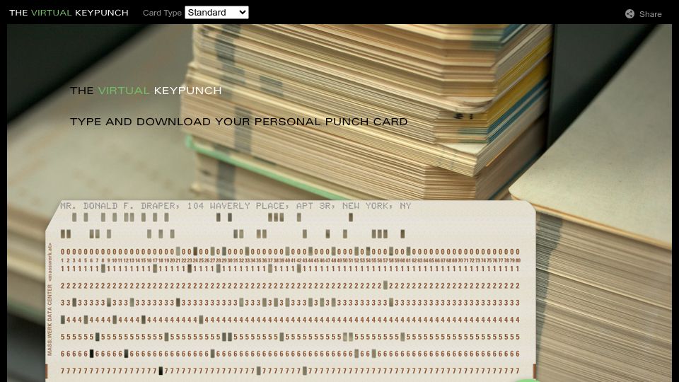 Screenshot of masswerk.at: Virtual Punch Card Creator