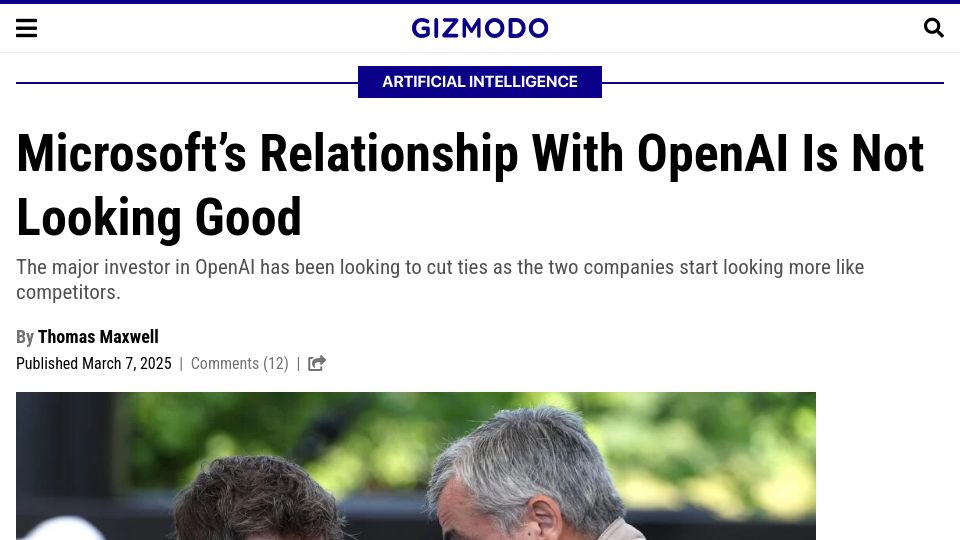 Screenshot of gizmodo.com: Microsoft's Relationship with OpenAI Is Not Looking Good