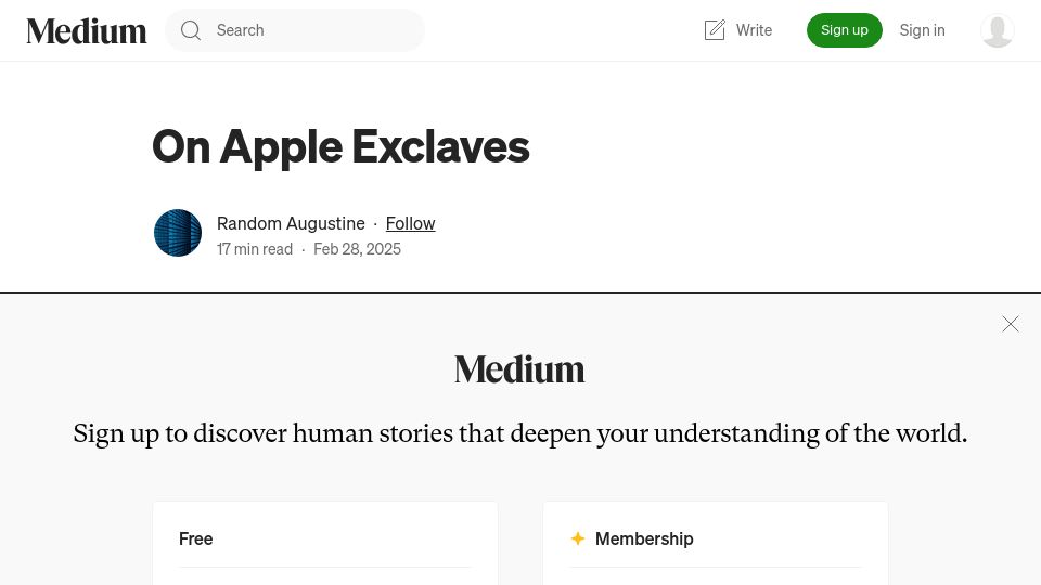 Screenshot of randomaugustine.medium.com: Apple Exclaves